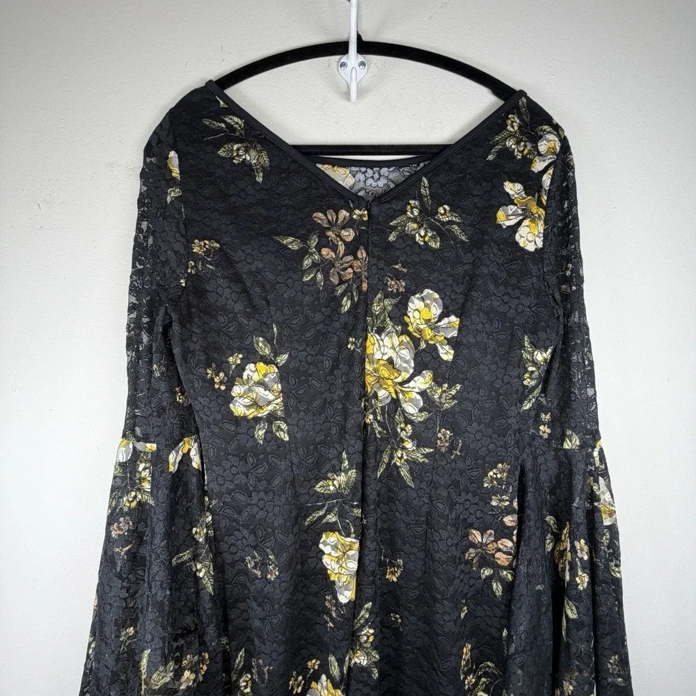 VFSHOW Women's Large Mesh Floral Dress Black Yellow Bell Sleeve Midi Career‎